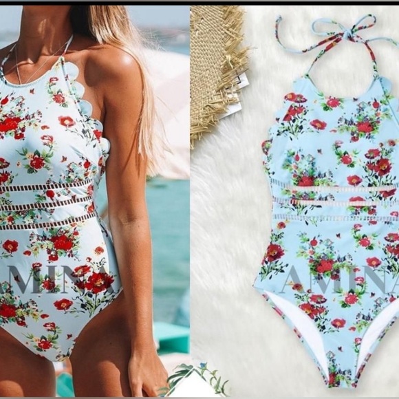 CUPSHE Women's Light Blue Floral Scalloped Halter One Piece Swimsuit NWT Size L - Picture 1 of 9